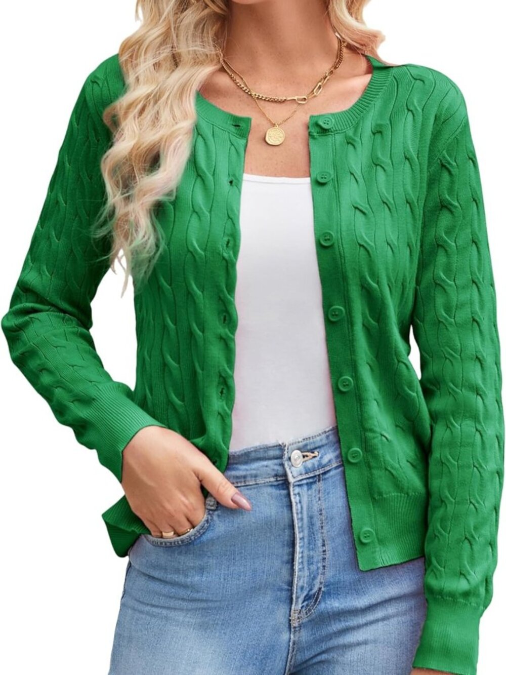 Lightweight Long Sleeve Cable Knit Cardigan Sweater, Button Up Crewneck for